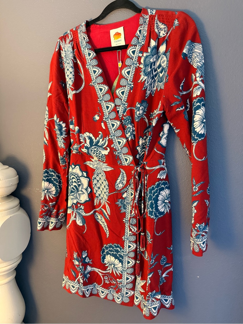 FARM Rio Red Floral Wrap Dress with Blue and White Motif